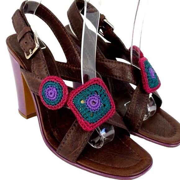 VINTAGE PRADA CROCHET DETAIL BROWN LEATHER CHUNKY HEEL SANDAL SZ 5.5 or 35.5 - Picture 1 of 14